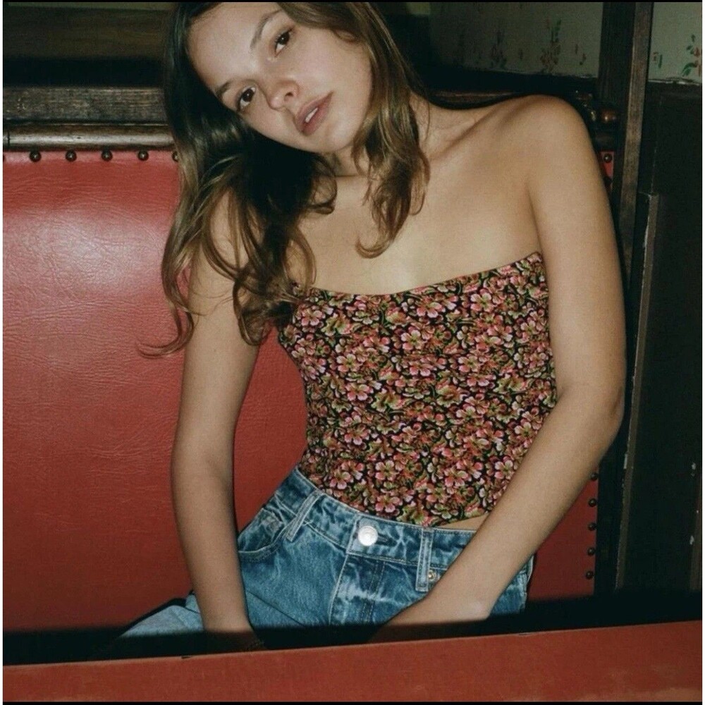 New ZARA Floral Crop Top Corset Lined Strapless Tube Hook & Eye Medium M NWT